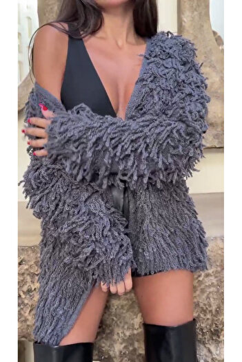 Julidress Anthracite Tasseled Premium Knitwear Wool Cardigan