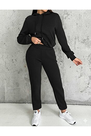 REKA MODA Women's Long Sleeve Hooded Lace-Up Three Thread Blouse and Pants Two-Piece Suit