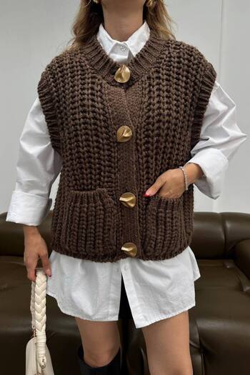 BOUQUET OF TULİP Gold Buttoned Thick Knitted Pocket Vest