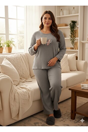 FAMES PİJAMA Women's Gray Plus Size Pajama Set
