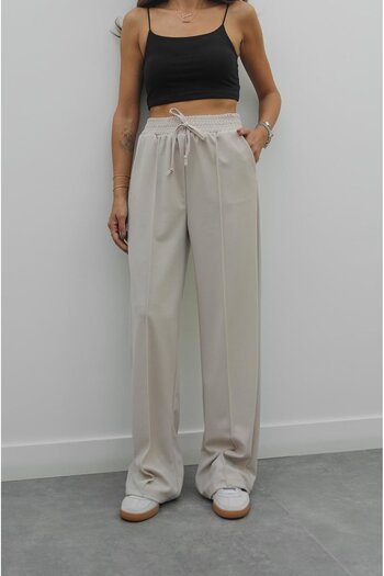Havoş Beige Elastic Waist Front Stitched Pants