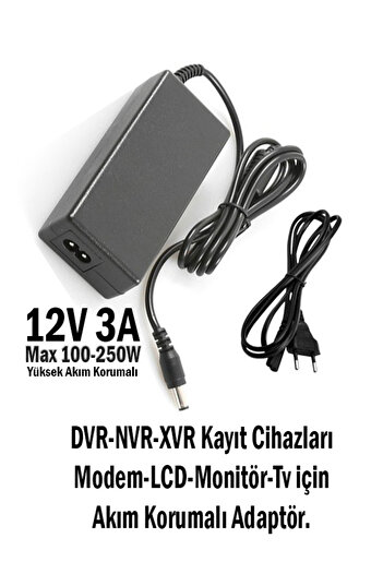 Sirtek Teknoloji 12V 3A DC Adaptör Kayıt Cihazları - Monitör - LCD - Tv ler için Uyumlu Max 100-250W Korumalı adaptör