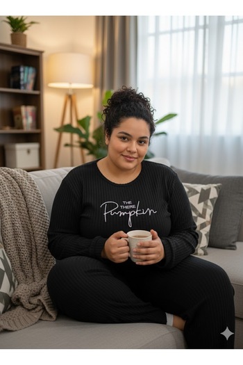FAMES PİJAMA Women's Black Plus Size Pajama Set