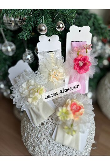 QUEEN AKSESUAR White Girls' Baby Hair Band Bandana with Lace Tulle Bow and Floral Daisy Fancy Design Special Day