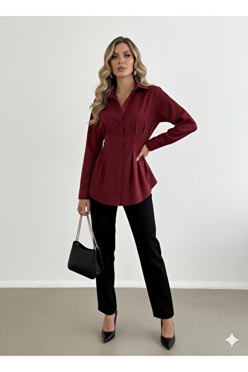 Blue Morpho Waist-Tightened Pleated Tunic Shirt