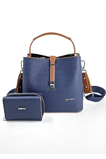 Just Polo Set of 2 Women's Dark Blue 5-Compartment Adjustable Long Strap Bag and Wallet Combination