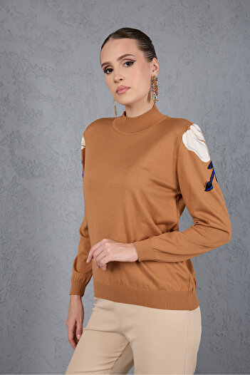 Moda Days Women's Beige Elite Viscose Fabric Stone Detailed Shoulder Half Turtleneck Knitwear Blouse