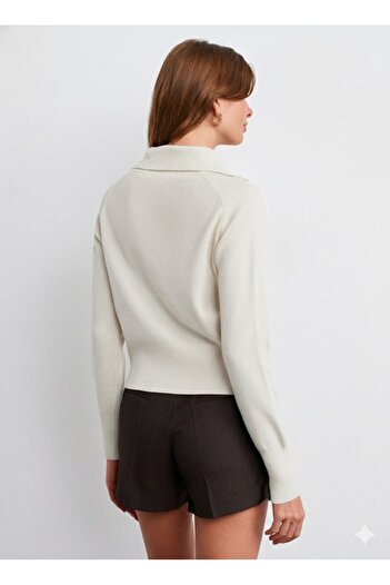 Dilvin 10816 Polo Neck Wool Buttoned Knitwear Sweater-Ecru