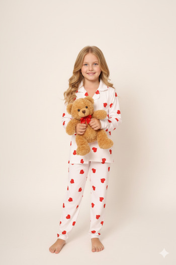 Beka Kids Patterned Long Sleeve Button Front Shirt Collar Girls Pajama Set