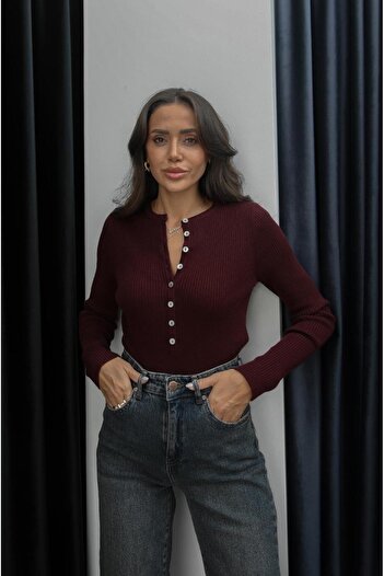 Havoş Burgundy Collar Buttoned Wool Sweater