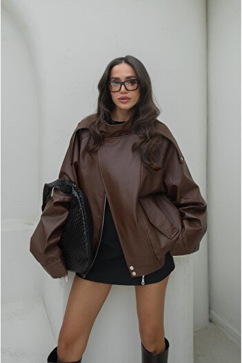 Havoş Brown Stand Collar Faux Leather Jacket