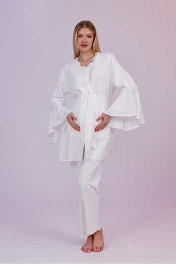 Lohussa Women's Ecru Jacquard Flounce Special Design 100% Cotton Long Sleeve Maternity Pajama Set