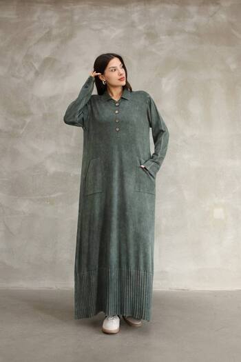 AYASOFYA OTANTIK Women's Khaki Buttoned Shirt Collar Long Sleeve Distressed Detail Loose Cotton Knit Long Dress