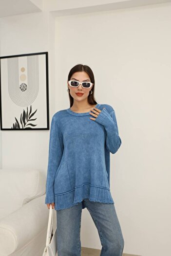 AYASOFYA OTANTIK Women's Blue Pocketed Vintage Detailed Oversized Loose Cotton Knit Sweater Blouse