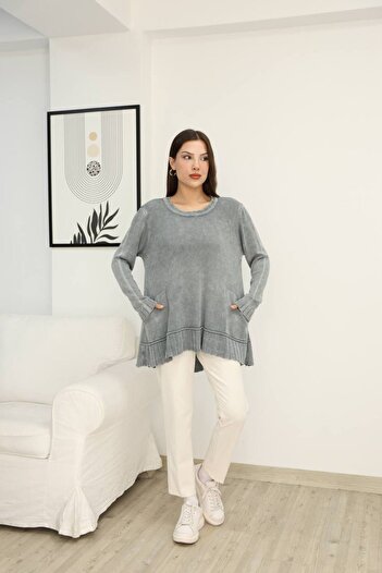 AYASOFYA OTANTIK Women's Gray Pocketed Vintage Detailed Oversize Loose Cotton Knit Sweater Blouse