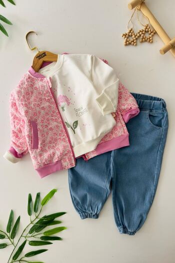 Minigimin Cicileri My Little Girl's Cicileri Floral Patterned Quilted Jacket Girl's 3-Piece Set - Pink