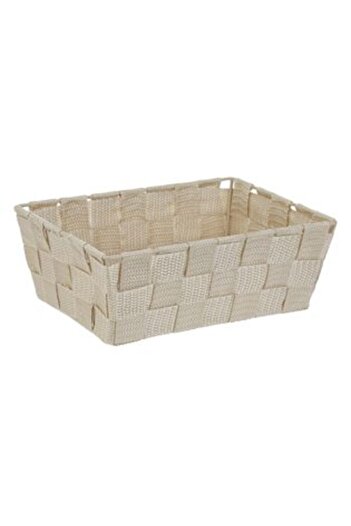 SHOPIENS Beige Storage Basket with Woven Rattan Design & Metal Frame 22 x 16 x 8 cm