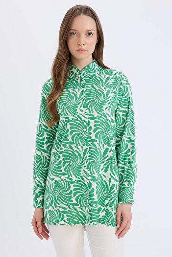 DeFacto Relax Fit Shirt Collar Patterned Viscose Long Sleeve Tunic D7348Ax25Sp