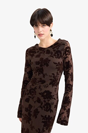 DeFacto Skinny Fit Çiçek Desenli Tül Uzun Kollu Maxi Elbise G2940AX25AU