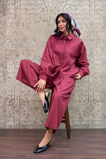 KÜÇÜĞÜM BUTİK Burgundy Poplin Shirt and Pleated Poplin Trousers Two-Piece Set (Shirt-Trousers)