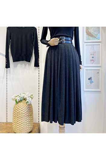 Faya Boutique Black Double Belted Wool Effect Skirt