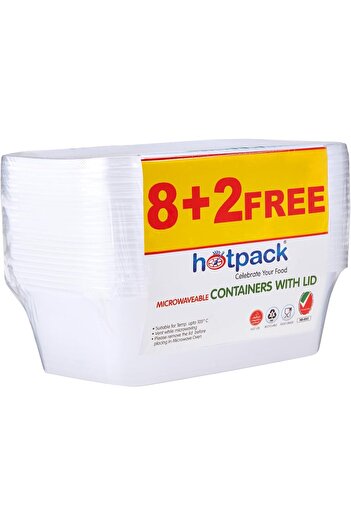 Hotpack Disposable Lunch Box, Food Storage, Microwavable Container 750ml with Lid, 8+2 Free Offer Pa