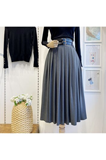 Faya Boutique Gray Double Belted Wool Effect Skirt