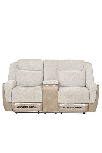 Danube Home Brixx 2 Seater Fabric Recliner - L.Brown, Stylish Wood & Fabric Design, Comfortable Seating