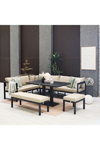 Danube Home Arial 9-Seater Outdoor Sofa cum Dining Set - Elegant Beige Steel Frame with Cushions