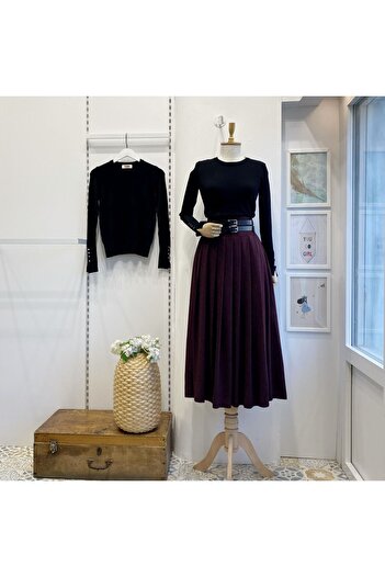 Faya Boutique Burgundy Double Belted Wool Effect Skirt