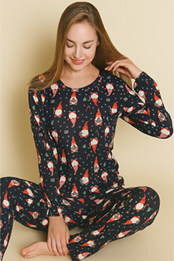 Sude Women's Blue Pajama with Christmas Print - Comfortable Cotton Set