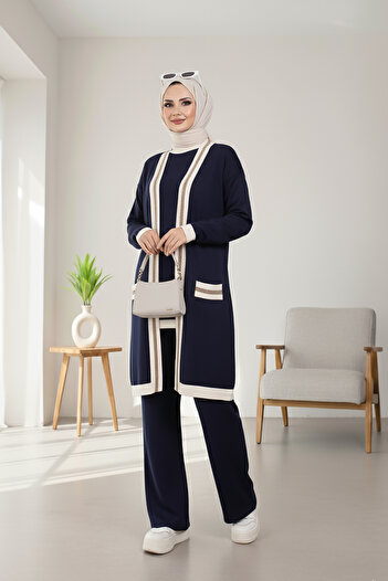 MODAQU Cardigan Tunic Pants Three-Piece Knitwear Set - Navy Blue