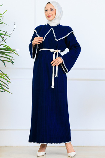 benguen Collar Detailed Knitwear Dress K3036 Navy Blue