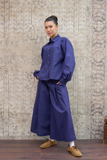 KÜÇÜĞÜM BUTİK Navy Blue Poplin Shirt and Pleated Poplin Pants Two-Piece Set (Shirt-Trousers)