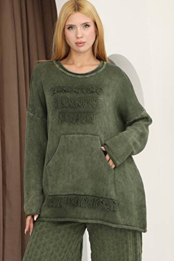 AYASOFYA OTANTIK Women's Khaki Round Neck Tassel Detail Kangaroo Pocket Long Sleeve Distressed Loose Cotton Knitwear Sweater