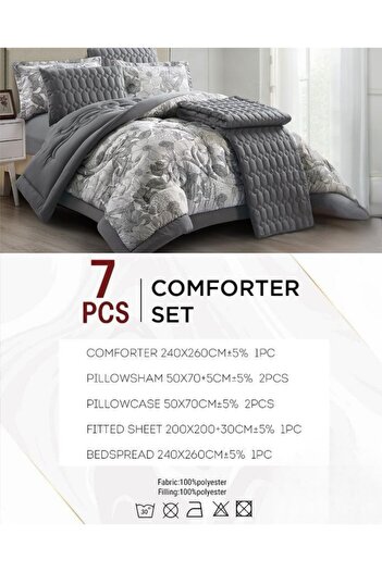 Generic 7-Piece Floral Bed Comforter Set - 240x260cm Quilted Comforter with 2 Pillowshams, 2 Pillowcases, Fi
