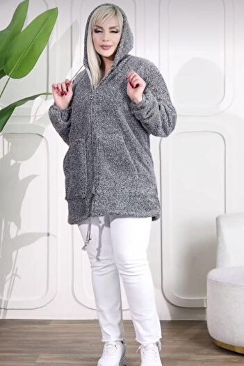 MARMARA FIRSAT Plus Size Zippered Women's Gray Long Fleece Cardigan