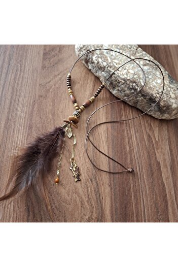 azra takı tasarım Handmade Authentic Coffee Tones Wood and Feather Women Long Necklace