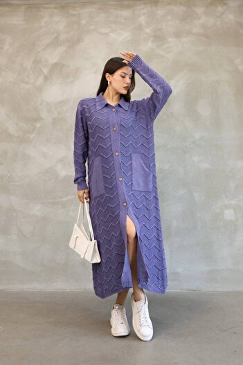 AYASOFYA OTANTIK Women's Purple Shirt Collar Button Closure Pocketed Vintage Loose Cotton Knitwear Long Cardigan Cap