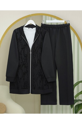 Modamorfo Scuba Suit with Zipper Front and Tulle Detail - Black