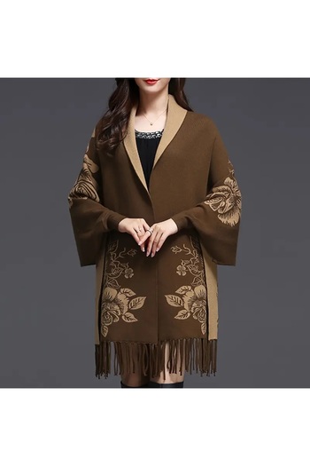DU Stretchy faux wool shawl cardigan with fringes at the ends, suitable for winter and night outings, 185 * 60 cm