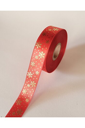 roco paper Christmas Themed Satin Ribbon, Gold Foil Snow Pattern Gift Wrapping Ribbon, Red, 2.5cm X 20m