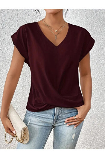 Silerra Women's Short Sleeve V Neck Front Cross Snap Detail Viscose Blouse