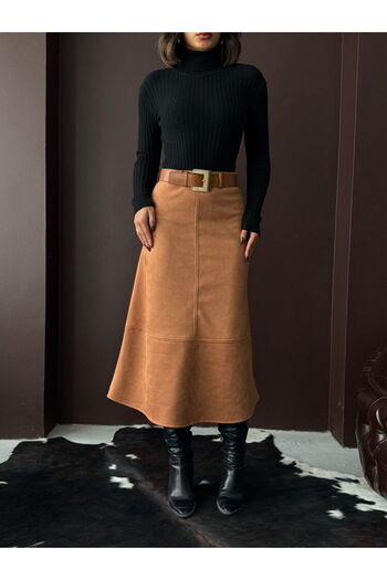 Ecenin Favorileri Scuba Suede Midi Length Women's Skirt