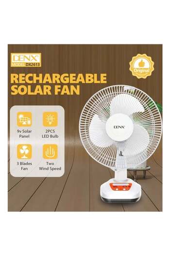 Denx 3-blade solar-powered electric table fan with 2 speeds, 12-inch electric desk fan DX2613