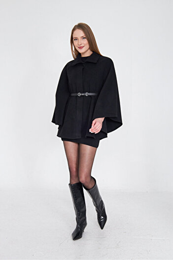 Shiron Sportswear&Company Women's Belted Black Cashmere Poncho - Hijab Tunic