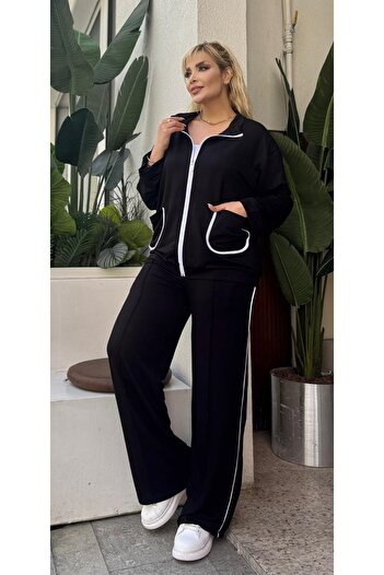 Butik Nilyam Women's Plus Size White Piping Detailed Stretchy Cardigan Sweatpants Set 25051