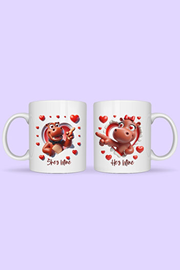 giftkonsept Humorous Gift for Lovers: Set of 2 Mugs with the Design of a Hippopotamus in Love, Saying, "He's Mine & She's Mine"