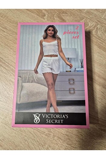 Victoria's Secret Sexy women's pajamas, 2-piece set, top and shorts, romantic model, White, L