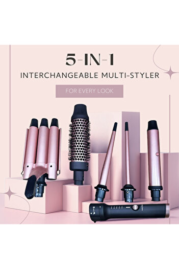 NEXSO 5-in-1 Interchangeable Hair Styler Set with Ceramic Tourmaline Barrels – Curling Wand, Round